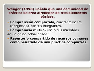 Wenger (1998) Señala que una comunidad de
práctica se crea alrededor de tres elementos
básicos.
 Comprensión compartida, constantemente
renegociada por sus integrantes.
 Compromiso mutuo, une a sus miembros
en un grupo cohesionado.
 Repertorio compartido de recursos comunes
como resultado de una práctica compartida.
 