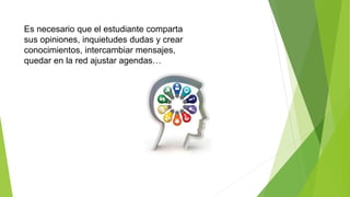 Es necesario que el estudiante comparta
sus opiniones, inquietudes dudas y crear
conocimientos, intercambiar mensajes,
quedar en la red ajustar agendas…
 
