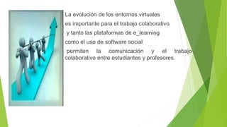 .
La evolución de los entornos virtuales
es importante para el trabajo colaborativo
y tanto las plataformas de e_learning
como el uso de software social
permiten la comunicación y el trabajo
colaborativo entre estudiantes y profesores.
 