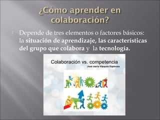  Depende de tres elementos o factores básicos: 
la situación de aprendizaje, las características 
del grupo que colabora y la tecnología. 
 