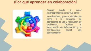 ¿Por qué aprender en colaboración? 
Porque ayuda a crear 
interdependencia positiva entre 
los miembros, generar debates en 
torno a la búsqueda de 
estrategias de uso y resolución de 
problemas, facilitar el 
intercambio de información y la 
construcción social del 
conocimiento 
 