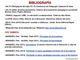 BIBLIOGRAFÍA
•AA.VV (Pedagogías del siglo XX. En Cuadernos de Pedagogía. Especial 25 años.
•AA.VV (2004). Grandes pensadores. Historia del pensamiento pedagógico occidental.
Buenos Aires: Papers Editores.
•IYANGA, Augusto (1998). La educación contemporánea. Valencia: Nau llibres
•LLOPIS, Jesús (1969). Historia de la Educación. Barcelona: Edición del autor.
•SOLÀ, Pere (2010) Educació i societat a Catalunya. Lleida: Eumo Editorial/Pagés
Editors
•Wikipedia http://www.wikipedia.org/ Wikipedia http://www.wikipedia.org/
VER TAMBIÉN:
•MARQUÈS, Pere ; Giráldez, Pepe (2011). Principios de la enseñanza
•MARQUÈS, Pere ; Giráldez, Pepe (2011). Principios del aprendizaje
•MARQUÈS, Pere (2011). Educadores. Evolución histórica de la Educación y citas de
grandes educadores.
•MARQUÈS, Pere (2014). Perfilando el nuevo paradigma formativo de la Era Internet.
•MARQUÈS, Pere (2014). Perfilando el nuevo paradigma educativo para la Era Internet.
Pere Marquès (2010)
 