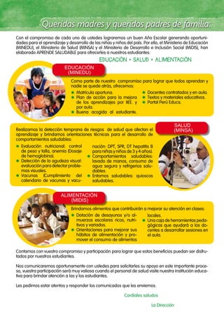 Con el compromiso de cada uno de ustedes lograremos un buen Año Escolar generando oportuni-
dades para el aprendizaje y desarrollo de las niñas y niños del país. Por ello, el Ministerio de Educación
(MINEDU), el Ministerio de Salud (MINSA) y el Ministerio de Desarrollo e Inclusión Social (MIDIS), han
elaborado APRENDE SALUDABLE para ofrecerles a nuestros estudiantes:
Como parte de nuestro compromiso para lograr que todos aprendan y
nadie se quede atrás, ofrecemos:
Realizamos la detección temprana de riesgos de salud que afectan el
aprendizaje y brindamos orientaciones técnicas para el desarrollo de
comportamientos saludables:
Brindamos alimentos que contribuirán a mejorar su atención en clases:
EDUCACIÓN + SALUD + ALIMENTACIÓN
Contamos con vuestro compromiso y participación para lograr que estos beneficios puedan ser disfru-
tados por nuestros estudiantes.
Nos comunicaremos oportunamente con ustedes para solicitarles su apoyo en este importante proce-
so, vuestra participación será muy valiosa cuando el personal de salud visite nuestra institución educa-
tiva para brindar atención a las y los estudiantes.
Les pedimos estar atentos y responder los comunicados que les enviemos.
Cordiales saludos
La Dirección
EDUCACIÓN
(MINEDU)
SALUD
(MINSA)
ALIMENTACIÓN
(MIDIS)
* Matrícula oportuna.
* Plan de acción para la mejora
de los aprendizajes por IIEE. y
por aula.
* Buena acogida al estudiante.
* Evaluación nutricional: control
de peso y talla, anemia (Dosaje
de hemoglobina).
* Detección de la agudeza visual:
evaluación para detectar proble-
mas visuales.
* Vacunas (Cumplimiento del
calendario de vacunas y vacu-
* Dotación de desayunos y/o al-
muerzos escolares ricos, nutri-
tivos y variados.
* Orientaciones para mejorar sus
hábitos de alimentación y pro-
mover el consumo de alimentos
* Docentes contratados y en aula.
* Textos y materiales educativos.
* Portal Perú Educa.
nación: DPT, SPR, DT hepatitis B
para niñas y niños de 3 y 4 años).
* Comportamientos saludables:
lavado de manos, consumo de
agua segura y refrigerios salu-
dables.
* Entornos saludables: quioscos
saludables.
locales.
* Una caja de herramientas peda-
gógicas que ayudará a los do-
centes a desarrollar sesiones en
el aula.
 
