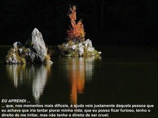EU APRENDI  ... ... que, nos momentos mais difíceis, a ajuda veio justamente daquela pessoa que eu achava que iria tentar piorar minha vida; que eu posso ficar furioso, tenho o direito de me irritar, mas não tenho o direito de ser cruel; 