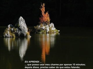 EU APRENDI  ... ... que posso usar meu charme por apenas 15 minutos; depois disso, preciso saber do que estou falando; 