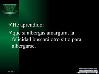 He aprendido: que si albergas amargura, la felicidad buscará otro sitio para albergarse. Creaciones SAMA 