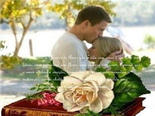 Aprendi com o Mestre do Amor que a vida sem amor é um livro sem
letras, uma primavera sem flores, uma pintura sem cores. Aprendi que
o amor acalma a emoção, tranqüiliza o pensamento, incendeia a
motivação, rompe obstáculos intransponíveis e faz da vida uma
agradável aventura, sem tédio, angústia ou solidão.
 