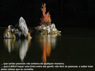 ... que certas pessoas vão embora de qualquer maneira; ... que é difícil traçar uma linha entre ser gentil, não ferir as pessoas, e saber lutar pelas coisas que eu acredito.  