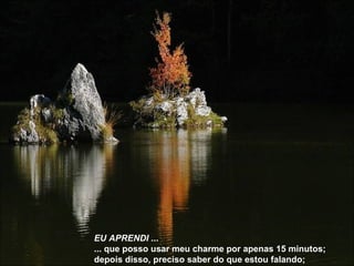 EU APRENDI  ... ... que posso usar meu charme por apenas 15 minutos; depois disso, preciso saber do que estou falando; 