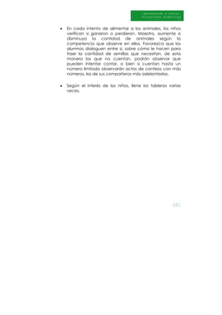 101
Aprendiendo a contar.
Situaciones Didácticas
Al DI
• En cada intento de alimentar a los animales, los niños
verifican si ganaron o perdieron. Maestro, aumente o
disminuya la cantidad de animales según la
competencia que observe en ellos. Favorezca que los
alumnos dialoguen entre sí, sobre cómo le hacen para
traer la cantidad de semillas que necesitan, de esta
manera los que no cuentan, podrán observar que
pueden intentar contar, o bien si cuentan hasta un
número limitado observarán actos de conteos con más
números, los de sus compañeros más adelantados.
• Según el interés de los niños, llene los tableros varias
veces.
 