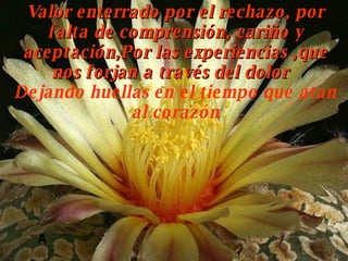 A Valor enterrado por el rechazo, por falta de comprensión, cariño y aceptación,Por las experiencias ,que nos forjan a través del dolor  Dejando huellas en el tiempo que atan al corazón 