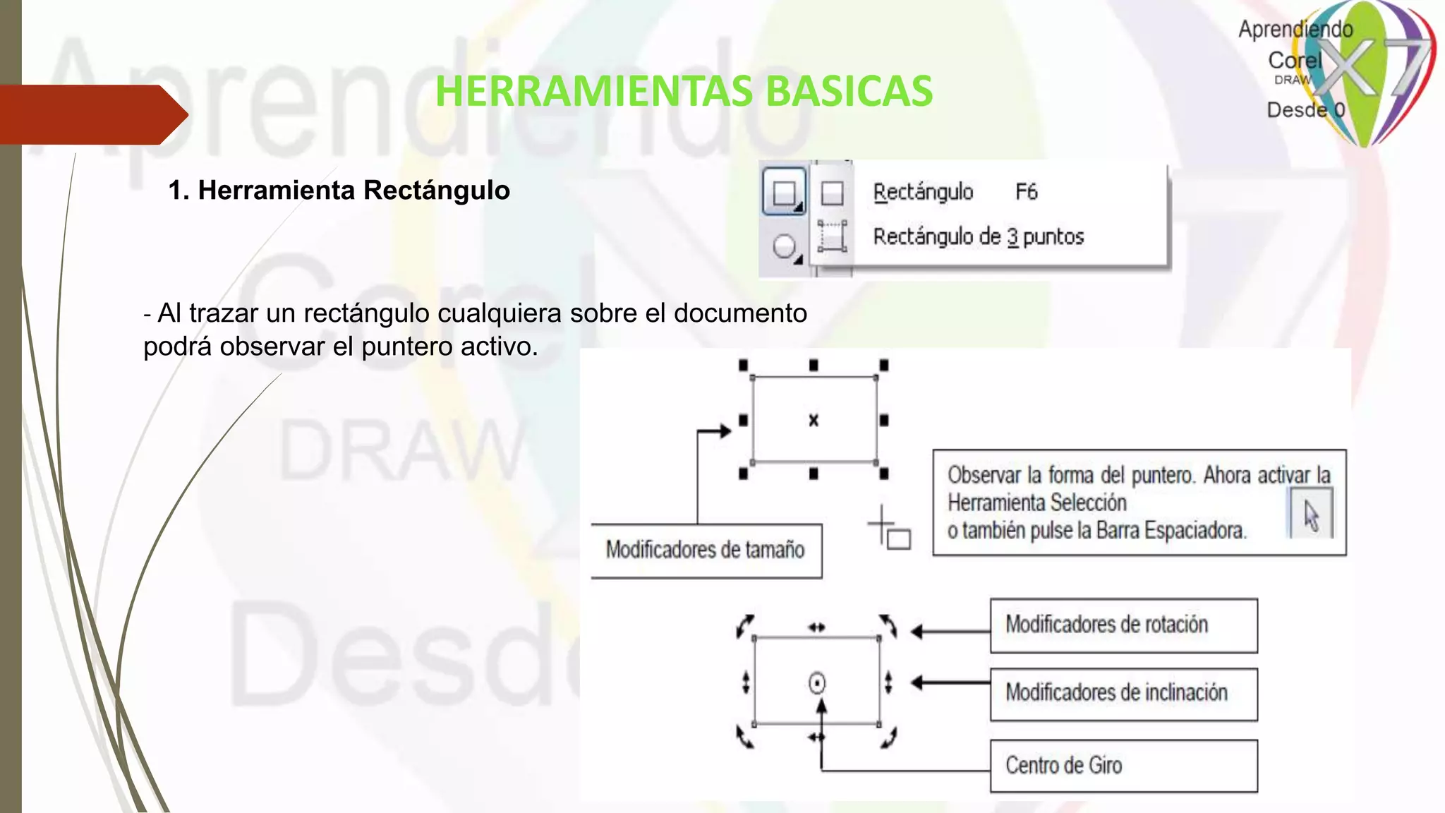 HERRAMIENTAS BASICAS
1. Herramienta Rectángulo
- Al trazar un rectángulo cualquiera sobre el documento
podrá observar el puntero activo.
 