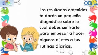 Los resultados obtenidos
te darán un pequeño
diagnóstico sobre lo
cual debes centrarte
para empezar a hacer
algunos ajustes a tus
rutinas diarias.
 