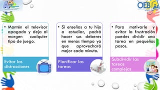 • Mantén el televisor
apagado y deja al
margen cualquier
tipo de juego.
Evitar las
distracciones
• Si enseñas a tu hijo
a estudiar, podrá
hacer sus deberes
en menos tiempo ya
que aprovechará
mejor cada minuto.
Planificar las
tareas
• Para motivarle y
evitar la frustración
puedes dividir una
tarea en pequeños
pasos.
Subdividir las
tareas
complejas
 