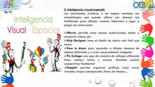 3. Inteligencia visual-espacial:
Las actividades artísticas o los mapas mentales son
metodologías que puedes utilizar con alumnos con
facilidades para dibujar, resolver laberintos o jugar a
juegos de construcción.
iMovie: permite crear piezas audiovisuales, editar y
compartir vídeos, etc.
Strip Designer: hace el diseño de cómics más fácil que
nunca.
How to draw: para aprender a dibujar decenas de
objetos diferentes y a crear sorprendentes imágenes.
Pic Collage: una app de creación de collages utilizando
fotos, stickers, textos y marcos. ¡También podrás
compartirlos fácilmente!
Popplet: permite organizar gráficos, crear muros
virtuales, mapas conceptuales, líneas de tiempo…
 