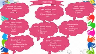 I.E Nuestra Señora del
Carmen
SUSACON
Maria Carolina Molano
Gaona
IE Supaneca
TIBANÁ
Yeni Maritza Abril
Villamil
IE Jose Antonio Paez
PAEZ
Nidya Camila Agudelo
Fonseca
IE Nuestra Señora de la
Naval
MUZO
Clara Faizuly Viasus
Piñeros
I.E.TJosé Benigno Perilla
SOMONDOCO
Carolina Arevalo
Cuervo
I.E Juana Caporal
COPER
Cristian Rodrigo
Alvarado Suesca
I.E San Isidro
SABOYA
Katerine Roa Pabón
INTEGRANTES
Sandra Lorena López
González
I.E Simona Amaya
PAYA
 