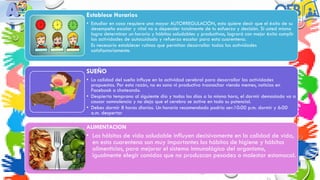 Establece Horarios
• Estudiar en casa requiere una mayor AUTORREGULACIÓN, esto quiere decir que el éxito de su
desempeño escolar y vital va a depender totalmente de tu esfuerzo y decisión. Si usted mismo
logra determinar un horario y hábitos saludables y productivos, logrará con mejor éxito cumplir
las actividades de autocuidado y refuerzo escolar para esta cuarentena.
Es necesario establecer rutinas que permitan desarrollar todas las actividades
satisfactoriamente.
SUEÑO
• La calidad del sueño influye en la actividad cerebral para desarrollar las actividades
propuestas. Por esta razón, no es sano ni productivo trasnochar viendo memes, noticias en
Facebook o chateando.
• Despierta temprano al siguiente día y todos los días a la misma hora, el dormir demasiado va a
causar somnolencia y no deja que el cerebro se active en todo su potencial.
• Debes dormir 8 horas diarias. Un horario recomendado podría ser:10:00 p.m. dormir y 6:00
a.m. despertar
ALIMENTACION
• Los hábitos de vida saludable influyen decisivamente en la calidad de vida,
en esta cuarentena son muy importantes los hábitos de higiene y hábitos
alimenticios, para mejorar el sistema inmunológico del organismo,
igualmente elegir comidas que no produzcan pesadez o malestar estomacal.
 