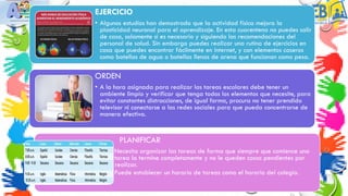 EJERCICIO
• Algunos estudios han demostrado que la actividad física mejora la
plasticidad neuronal para el aprendizaje. En esta cuarentena no puedes salir
de casa, solamente si es necesario y siguiendo las recomendaciones del
personal de salud. Sin embargo puedes realizar una rutina de ejercicios en
casa que puedes encontrar fácilmente en internet, y con elementos caseros
como botellas de agua o botellas llenas de arena que funcionan como pesa.
ORDEN
• A la hora asignada para realizar las tareas escolares debe tener un
ambiente limpio y verificar que tenga todos los elementos que necesite, para
evitar constantes distracciones, de igual forma, procura no tener prendido
televisor ni conectarse a las redes sociales para que pueda concentrarse de
manera efectiva.
PLANIFICAR
• Necesita organizar las tareas de forma que siempre que comience una
t tarea la termine completamente y no le queden cosas pendientes por
r realizar.
• Puede establecer un horario de tareas como el horario del colegio.
•
 