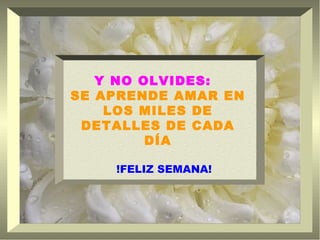 Y NO OLVIDES:   SE APRENDE AMAR EN LOS MILES DE DETALLES DE CADA DÍA !FELIZ SEMANA! 
