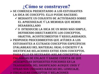  Se comienza presentando a los estudiantes
la idea de concepto. Ello puede hacerse:
 mediante un conjunto de actividades sobre
el aprendizaje y la memoria que hemos
desarrollado
 o introducir la idea de un modo más simple,
definiendo directamente los conceptos,
objetos, acontecimientos y regularidades.
 Proponer procedimientos que ayuden a los
estudiantes a extraer conceptos específicos
(palabras) del material oral o escrito y a
identificar relaciones entre esos conceptos.
Para ello es necesario aislar conceptos y
palabras de enlace y darse cuenta de que
desempeñan diferentes funciones en la
transmisión del significado aunque unos y
otras son unidades básicas del lenguaje.
 visualizar conceptos y relaciones
 