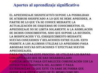 El aprendizaje significativo supone la posibilidad
de atribuir significado a lo que se debe aprender, a
partir de lo que ya se conoce mediante la
actualización de esquemas de conocimientos. El
aprendizaje no se limita solamente a la asimilación
de dichos conocimientos, sino que supone la revisión,
la modificación y el enriquecimiento mediante
nuevas conexiones y relaciones entre ellos. Esto
permite a los alumnos utilizar lo aprendido para
abordar nuevas situaciones y efectuar nuevos
aprendizajes.
Para facilitar este proceso se utilizan los mapas
conceptuales que se han desarrollado
especialmente para establecer comunicación con la
estructura cognitiva del alumno y para
exteriorizar lo que éste ya sabe de forma que
 
