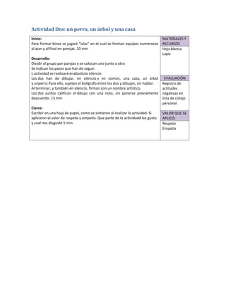 Actividad Dos: un perro, un árbol y una casa 
Inicio: 
Para formar binas se jugará “islas” en el cual se forman equipos numerosos al azar y al final en parejas. 10 min 
Desarrollo: 
Dividir al grupo por parejas y se colocan uno junto a otro. 
Se indican los pasos que han de seguir. 
1. L actividad se realizará enabsoluto silencio 
2. Los dos han de dibujar, en silencio y en común, una casa, un árbol y unperro.Para ello, sujetan el bolígrafo entre los dos y dibujan, sin hablar. 
3. Al terminar, y también en silencio, firman con un nombre artístico. 
4. Los dos juntos califican el dibujo con una nota, sin ponerse previamente deacuerdo. 15 min 
Cierre: 
Escribir en una hoja de papel, como se sintieron al realizar la actividad. Si aplicaron el valor de respeto y empatía. Que parte de la actividadd les gusto y cual nos disgustó 5 min. 
MATERIALES Y RECURSOS 
Hoja blanca 
Lapiz 
EVALUACIÓN 
Registro de actitudes negativas en lista de cotejo personal. 
VALOR QUE SE APLICÓ: 
Respeto 
Empatía  