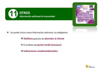 11       OTROS
         Información adicional al consumidor
           f      ó d        l l         d




Se puede incluir como información adicional, no obligatoria:

             Teléfono gratuito de atención al cliente

             El símbolo del punto verde (envases)

             Indicaciones medioambientales
 