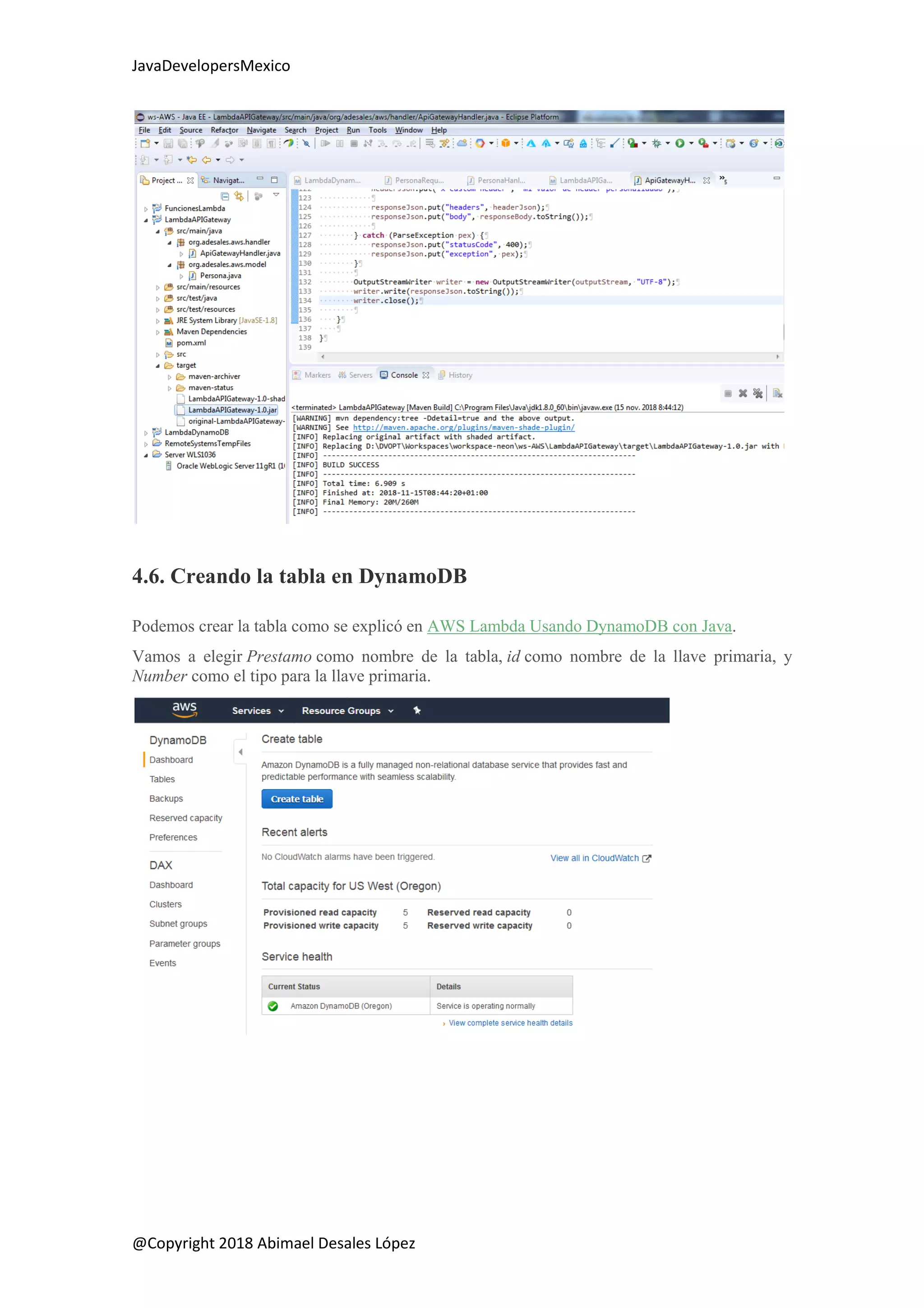 JavaDevelopersMexico
@Copyright 2018 Abimael Desales López
4.6. Creando la tabla en DynamoDB
Podemos crear la tabla como se explicó en AWS Lambda Usando DynamoDB con Java.
Vamos a elegir Prestamo como nombre de la tabla, id como nombre de la llave primaria, y
Number como el tipo para la llave primaria.
 