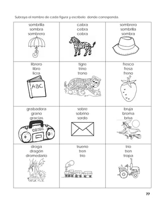 77
Subraya el nombre de cada figura y escríbelo donde corresponda.
sombrilla
sombra
sombrero
cabra
cebra
cobra
sombrero
sombrilla
sombra
librero
libro
licra
tigre
trino
trono
fresco
fresa
freno
grabadora
grano
gracias
sobre
sobrino
sordo
bruja
broma
brisa
droga
dragón
dromedario
trueno
tren
trío
trío
tren
tropa
 