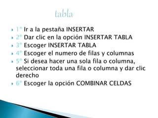  1º Ir a la pestaña INSERTAR
 2º Dar clic en la opción INSERTAR TABLA
 3º Escoger INSERTAR TABLA
 4º Escoger el numero de filas y columnas
 5º Si desea hacer una sola fila o columna,
seleccionar toda una fila o columna y dar clic
derecho
 6º Escoger la opción COMBINAR CELDAS
 