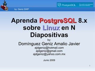 by: Geniz SWF




     Aprenda PostgreSQL 8.x
        sobre Linux en N
          Diapositivas
                                                   by:
             Domínguez Geniz Amalio Javier
                                           ajdgeniz@hotmail.com
                                            ajdgeniz@gmail.com
Javier
           Firmado digitalmente por
           Javier Dominguez Geniz
           Nombre de reconocimiento
                                          ajdgeniz@yahoo.com.mx
Domingue
           (DN): cn=Javier Dominguez
           Geniz, o=Geniz SWF, ou=Geniz
           SWF, email=ajdgeniz@hotmail.
                                                Junio 2009
z Geniz
           com, c=MX
           Fecha: 2009.08.02 16:55:28
           -05'00'
                                                                  1
 