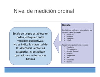 Nivel de medición ordinal
Escala en la que establece un 
orden jerárquico entre 
variables cualitativas.
No se indica la magnitud de 
las diferencias entre las 
categorías, ni se aplican 
operaciones matemáticas 
básicas
Ejemplo:
Escalafón de profesores universitarios (de 
menor a mayor jerarquía):
 Instructor
 Asistente
 Agregado
 Titular
Posición jerárquica en una empresa:
 Presidente
 Vicepresidente
 Director General
 Gerente
 Subgerente
 Jefe
 Empleado
 Obrero
 