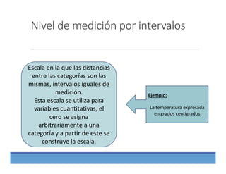 Nivel de medición por intervalos
Escala en la que las distancias 
entre las categorías son las 
mismas, intervalos iguales de 
medición.
Esta escala se utiliza para 
variables cuantitativas, el 
cero se asigna 
arbitrariamente a una 
categoría y a partir de este se 
construye la escala.
Ejemplo:
La temperatura expresada 
en grados centígrados
 