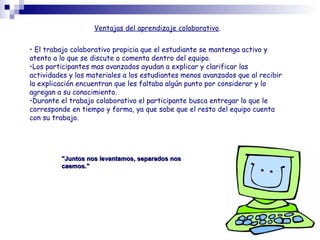Ventajas del aprendizaje colaborativo.
• El trabajo colaborativo propicia que el estudiante se mantenga activo y
atento a lo que se discute o comenta dentro del equipo.
•Los participantes mas avanzados ayudan a explicar y clarificar las
actividades y los materiales a los estudiantes menos avanzados que al recibir
la explicación encuentran que les faltaba algún punto por considerar y lo
agregan a su conocimiento.
•Durante el trabajo colaborativo el participante busca entregar lo que le
corresponde en tiempo y forma, ya que sabe que el resto del equipo cuenta
con su trabajo.
"Juntos nos levantamos, separados nos"Juntos nos levantamos, separados nos
caemos."caemos."
 