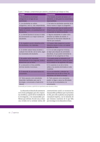 Cuadro 1. Ventajas y compromisos para asesores y estudiantes que trabajan en línea.
Ventajas Compromisos
1. El estudiante es el principal
protagonista en el logro de sus
aprendizajes.
1. Se requiere, de parte del asesor y el
estudiante, un alto grado de compromiso y
responsabilidad.
2. Los estudiantes se vuelven
autogestivos, esto es, más independientes.
2. No todos los estudiantes aprenden de la
misma manera ni logran la autogestión.
3. Los programas en línea fomentan
hábitos de estudio y el autodidactismo en
los alumnos.
3. Es indispensable que se cuente con la
infraestructura tecnológica necesaria para
el desarrollo de hábitos de estudio.
4. La internet favorece el acceso en redes
de comunicación a un mayor número de
estudiantes.
4. Algunos estudiantes no saben cómo
fomentar sus hábitos de estudio, ni
seleccionar la información relevante de
internet para analizarla.
5. Se respalda la acción interactiva entre
los estudiantes y los materiales.
5. El asesor debe programar la acción
interactiva desde el curso o el material
educativo en línea.
6. Es factible realizar tareas escolares a
cualquier hora del día o de la noche, según
las necesidades del estudiante.
6. Si no se sabe programar el tiempo,
se dejan para después las actividades
educativas, lo que puede incrementar la
deserción en los programas en línea.
7. Se pueden recibir respuestas
individualizadas de las preguntas, dudas o
aclaraciones que se hacen.
7. Se puede perder la motivación si el
estudiante se siente solo, porque el asesor
no le contesta en las siguientes 48 horas.
8. La educación en línea posibilita
terminar estudios inconclusos.
8. En ocasiones no se da la misma
validez a los estudios terminados en esta
modalidad.
9. El desarrollo de una buena lectura de
comprensión.
9. Si no se entienden y atienden las
instrucciones que se dan en línea, los
estudiantes van directo al fracaso.
10. Tanto asesores como estudiantes
desarrollan habilidades para usar la
tecnología y comunicarse a través de la
internet.
10. Tanto asesores como estudiantes
pueden no llegar a salvar las dificultades
en el uso de la computadora y la
comunicación.
Construido por la autora, a partir de su experiencia como docente en línea.
Laeducaciónenlíneahadesustentarse
en la teoría pedagógica para dar respues-
tas cientíﬁcas, a partir de los resultados de
la investigación, a los innumerables pro-
blemas que enfrenta. En este caso, se hace
una revisión de la corriente teórica del
constructivismo social y se reconocen los
innumerables problemas que se presentan
en ella, pero sólo se plantea una propuesta
conceptual-empírica, con la intención de
que tomemos conciencia de lo que falta
por investigar en la educación en línea.
50
 