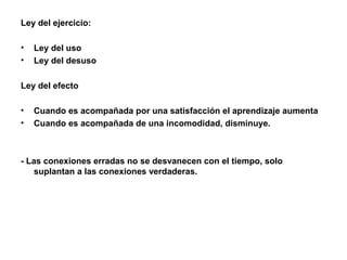 Ley del ejercicio:

•   Ley del uso
•   Ley del desuso

Ley del efecto

•   Cuando es acompañada por una satisfacción el aprendizaje aumenta
•   Cuando es acompañada de una incomodidad, disminuye.



- Las conexiones erradas no se desvanecen con el tiempo, solo
   suplantan a las conexiones verdaderas.
 