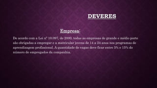 DEVERES
Empresa:
De acordo com a Lei nº 10.097, de 2000, todas as empresas de grande e médio porte
são obrigadas a empregar e a matricular jovens de 14 a 24 anos nos programas de
aprendizagem profissional. A quantidade de vagas deve ficar entre 5% e 15% do
número de empregados da companhia.
 