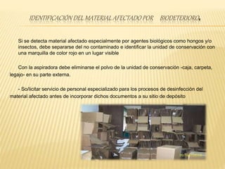 IDENTIFICACIÓN DEL MATERIAL AFECTADO POR BIODETERIORO.
Si se detecta material afectado especialmente por agentes biológicos como hongos y/o
insectos, debe separarse del no contaminado e identificar la unidad de conservación con
una marquilla de color rojo en un lugar visible
Con la aspiradora debe eliminarse el polvo de la unidad de conservación -caja, carpeta,
legajo- en su parte externa.
- So/licitar servicio de personal especializado para los procesos de desinfección del
material afectado antes de incorporar dichos documentos a su sitio de depósito
 