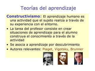 Teorías del aprendizaje
Constructivismo: El aprendizaje humano es
  una actividad que el sujeto realiza a través de
  su experiencia con el entorno.
• La tarea del profesor consiste en crear
  situaciones de aprendizaje para el alumno
  construya el conocimiento a través de la
  actividad
• Se asocia a aprendizaje por descubrimiento
• Autores relevantes: Piaget, Vigotsky, Brunner
 