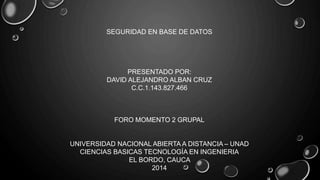 SEGURIDAD EN BASE DE DATOS 
PRESENTADO POR: 
DAVID ALEJANDRO ALBAN CRUZ 
C.C.1.143.827.466 
FORO MOMENTO 2 GRUPAL 
UNIVERSIDAD NACIONAL ABIERTA A DISTANCIA – UNAD 
CIENCIAS BASICAS TECNOLOGÍA EN INGENIERIA 
EL BORDO, CAUCA 
2014 
 
