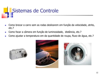 Como brecar o carro sem as rodas deslizarem em função da velocidade, atrito, etc.?Como focar a câmera em função de luminosidade,  distância, etc.?Como ajustar a temperatura em da quantidade de roupa, fluxo de água, etc.?12Sistemas de Controle
