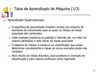 	Tipos de Aprendizado de Máquina (1/3)Aprendizado SupervisionadoO algoritmo de aprendizado (indutor) recebe um conjunto de exemplos de treinamento para os quais os rótulos da classe associada são conhecidosCada exemplo (instância ou padrão) é descrito por um vetor de valores (atributos) e pelo rótulo da classe associadaO objetivo do indutor é construir um classificador que possa determinar corretamente a classe de novos exemplos ainda não rotuladosPara rótulos de classe discretos, esse problema é chamado de classificação e para valores contínuos como regressão
