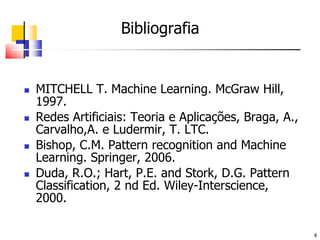 	BibliografiaMITCHELL T. Machine Learning. McGraw Hill, 1997.Redes Artificiais: Teoria e Aplicações, Braga, A., Carvalho,A. e Ludermir, T. LTC.Bishop, C.M. Pattern recognition and Machine Learning. Springer, 2006.Duda, R.O.; Hart, P.E. and Stork, D.G. Pattern Classification, 2 nd Ed. Wiley-Interscience, 2000.