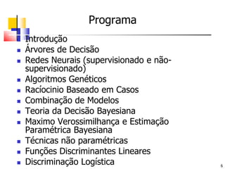ProgramaIntroduçãoÁrvores de DecisãoRedesNeurais (supervisionado e não-supervisionado)AlgoritmosGenéticosRacíocinioBaseadoemCasosCombinação de ModelosTeoriadaDecisãoBayesianaMaximoVerossimilhança e EstimaçãoParamétricaBayesianaTécnicasnãoparamétricasFunçõesDiscriminantesLinearesDiscriminaçãoLogística
