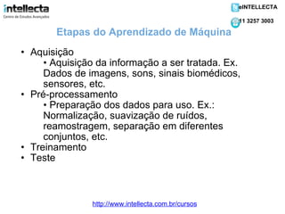 Aquisição Aquisição da informação a ser tratada. Ex. Dados de imagens, sons, sinais biomédicos, sensores, etc. Pré-processamento Preparação dos dados para uso. Ex.: Normalização, suavização de ruídos, reamostragem, separação em diferentes conjuntos, etc. Treinamento Teste Etapas do Aprendizado de Máquina http://www.intellecta.com.br/cursos eINTELLECTA 11 3257 3003 