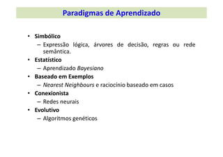 • Simbólico
– Expressão lógica, árvores de decisão, regras ou rede
semântica.
• Estatístico
– Aprendizado Bayesiano
• Baseado em Exemplos
– Nearest Neighbours e raciocínio baseado em casos
• Conexionista
– Redes neurais
• Evolutivo
– Algoritmos genéticos
Paradigmas de Aprendizado
 