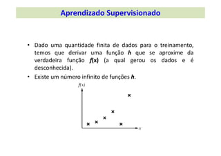 • Dado uma quantidade finita de dados para o treinamento,
temos que derivar uma função h que se aproxime da
verdadeira função f(x) (a qual gerou os dados e é
desconhecida).
• Existe um número infinito de funções h.
Aprendizado Supervisionado
 