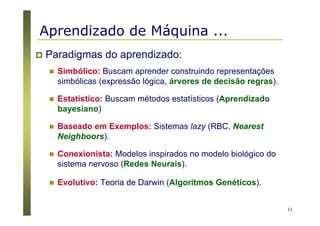 12
Paradigmas do aprendizado:
Simbólico: Buscam aprender construindo representações
simbólicas (expressão lógica, árvores de decisão regras).
Estatístico: Buscam métodos estatísticos (Aprendizado
bayesiano)
Baseado em Exemplos: Sistemas lazy (RBC, Nearest
Neighboors).
Conexionista: Modelos inspirados no modelo biológico do
sistema nervoso (Redes Neurais).
Evolutivo: Teoria de Darwin (Algoritmos Genéticos).
Aprendizado de Máquina ...
 