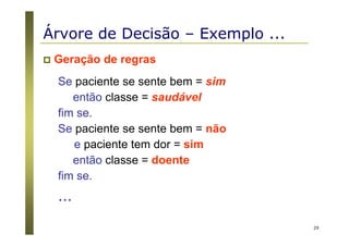 29
Geração de regras
Se paciente se sente bem = sim
então classe = saudável
fim se.
Se paciente se sente bem = não
e paciente tem dor = sim
então classe = doente
fim se.
...
Árvore de Decisão – Exemplo ...
 