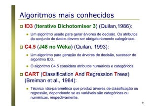 54
Algoritmos mais conhecidos
ID3 (Iterative Dichotomiser 3) (Quilan,1986):
Um algoritmo usado para gerar árvores de decisão. Os atributos
do conjunto de dados devem ser obrigatoriamente categóricos.
C4.5 (J48 no Weka) (Quilan, 1993):
Um algoritmo para geração de árvores de decisão, sucessor do
algoritmo ID3.
O algoritmo C4.5 considera atributos numéricos e categóricos.
CART (Classification And Regression Trees)
(Breiman et al., 1984):
Técnica não-paramétrica que produz árvores de classificação ou
regressão, dependendo se as variáveis são categóricas ou
numéricas, respectivamente.
 